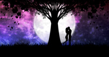 Fairytale Landscape With People And A Cosmic Purple Sky With Stars. A Magical Romantic Evening With Silhouette Of A Kissing Couple In Love Against The Background Of A Big Bright Moon Under A Tree.
