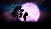 Silhouette Of A Kissing Couple In Love On A Background Of A Dark Cosmic And Stars, A Romantic Night Under A Fantastic Boundless Sky. A Magic Landscape With High Grass, Big Bright Moon And Tree.