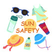 © SurfupVector - Clothes and products against sunburn vector illustrations set. Sun safety, collection of cartoon drawings of shirt, hats, sunscreen on white background. Summer, vacation, health, protection concept