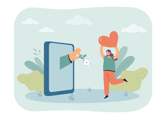 Wall Mural - hand coming out of phone screen and giving flower to tiny woman. cheerful girl holding heart flat ve