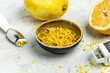 lemon zest with zester Ready to Cook, Grater peel and lemon zest on light background, banner, menu, recipe, top view