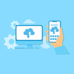 Wall Mural - cloud computing concept, data center, file management, cloud storage. hand holding phone flat illust