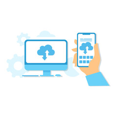 Wall Mural - cloud computing concept, data center, file management, cloud storage. hand holding phone flat illust