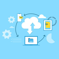 Wall Mural - cloud computing concept, data center, file management, cloud storage flat illustration vector on blu