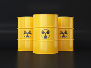 A group of yellow metal barrels on a black background, 3d render