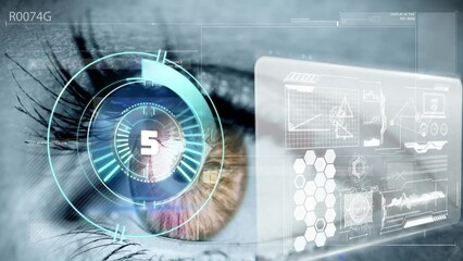 Wall Mural - Animation of processing circle with counting and data on digital screen over eye of caucasian woman