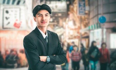 Asian Business man portrait in a lively restaurant and izakaya shop in Japan.