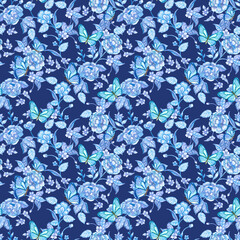 Aufkleber - oriental seamless texture with graceful blue flowers and butterflies. watercolor painting