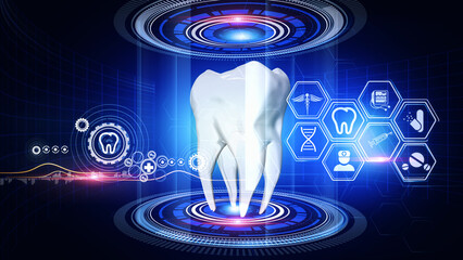 Human Tooth Analysis Virtual Reality
A virtual reality 3d graphics showing rotating human  tooth model with medical icons on surrounding