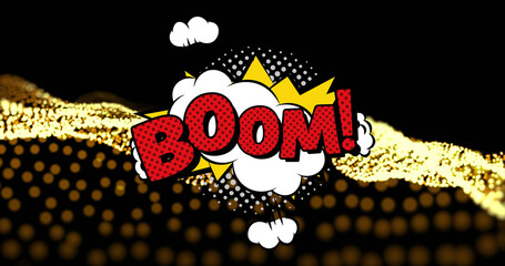 Image of boom text over yellow dots on black background