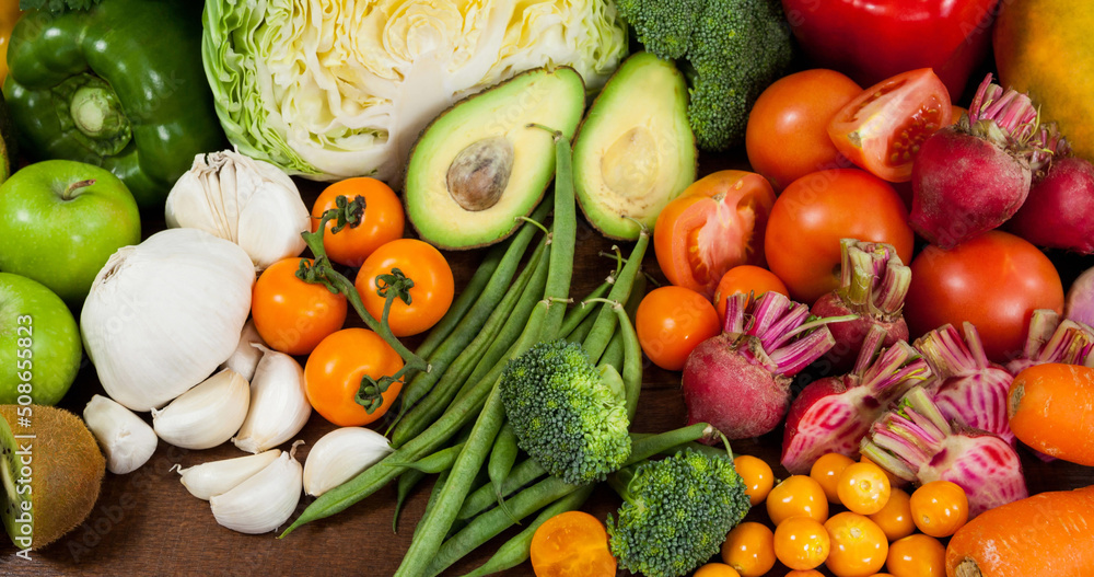 Image of fresh organic vegan food with fruit and vegetables Stock Photo ...