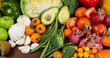 Leinwandbild Motiv Image of fresh organic vegan food with fruit and vegetables