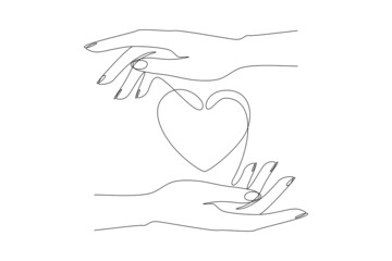Fototapete - One continuous line drawing of heart between hands. Symbol of care and save health in simple linear style. Icon concept for volunteering charity and thanksgiving logo. Doodle vector illustration