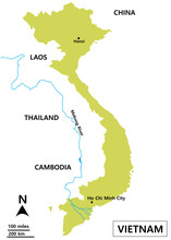 Map Of Vietnam Includes Regions, Mekong River Basin, Tonle Sap Lake, And Borderline Countries: Thailand, Cambodia, Southern China Sea, And Laos