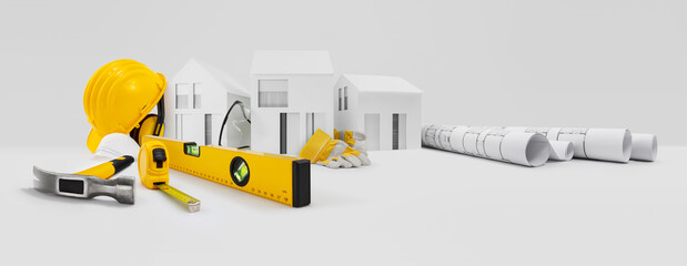 Wall Mural - House construction plan. Work Tools for building. Architectural models houses, yellow hard hat, meter and spirit level above table with safety gloves, glasses, blueprints. Home service repair concept