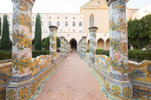 Santa Chiara Monastery Naples Italy Tiled Pillars Plated At The Cloister Garden