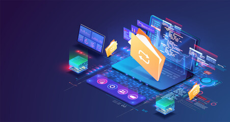 Concept of sorting and organizing information and documents on a laptop. Classification of files, folders, reports, graphs. Software development for different devices. Vector isometric illustration