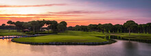 Golf Course Panorama At Sunset With Beautiful Sky