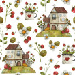 Watercolor seamless background with wild strawberries and hand-drawn vintage huts.Teacup with strawberries, berries, sprout, herbs and forest flowers, vintage houses with tiled roof
