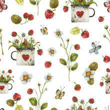 Watercolor Seamless Background With Wild Strawberries And Hand-drawn Vintage Huts.Teacup With Strawberries, Berries, Sprout, Herbs And Forest Flowers