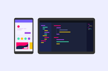 Mobile Developer Software Program Engineer Vector Illustration with Phone and Computer Monitor Debugging Code