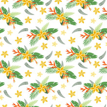 Tropical Seamless Pattern With Exotic Flowers And Leaves Bouquets. Botanical Floral Design For Paper, Cover, Fabric, Interior Decor And Prints.