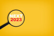 © smshoot - Next 2023 written on yellow paper with magnifying glass. Searching opportunity concept and sustainable future idea
