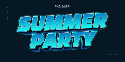 Wall Mural - summer party text in bold blue style with 3d and neon effect. editable text style effect