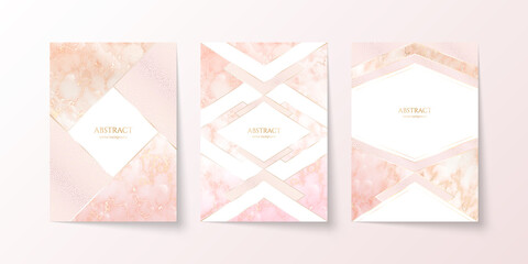 Wall Mural - luxury elegant background set. pink marble texture with gold veins, glittering dots and copy space w