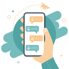 Wall Mural - hand with smartphone in modern flat style. messaging and text message sending or receiving as sms co