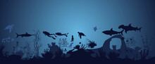 Silhouette Of Coral Reef With Fish And Divers On Blue Sea Background Underwater Vector Illustration
