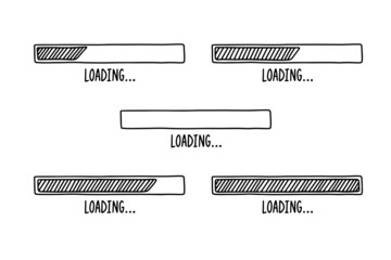 Loading bars drawn hand. Set outline doodle bars with different percent. Cartoon vector loading. 