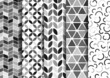 Set de patrones y texturas retro en escala de grises, papel tapiz blanco y negro vectorial geometrico