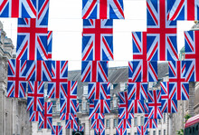 Rows Of Union Above Regent Street Mark The Queen's Platinum Jubilee Celebrations. Selective Focus