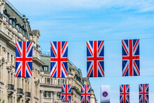 Rows Of Union Above Regent Street Mark The Queen's Platinum Jubilee Celebrations. Selective Focus