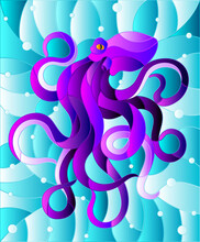 Illustration In Stained Glass Style With Abstract Purple Octopus Against A Blue Sea And Bubbles