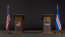 USA And Cabo Verde, USA And Cabo Verde Flag, USA And Cabo Verde Negotiations, Rostrum For Speech, 3D Work And 3D Image