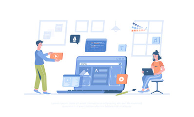 Design studio concept. Designers create content for the website, graphic elements, choose colors and fonts. Cartoon modern flat vector illustration for banner, website design, landing page.