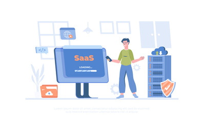 Wall Mural - SaaS concept, Software as a service. Cloud computing and storage. Cartoon modern flat vector illustration for banner, website design, landing page.