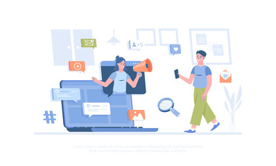 Wall Mural - Social media news, Email marketing, Online advertising. Promotion strategy. Cartoon modern flat vector illustration for banner, website design, landing page.