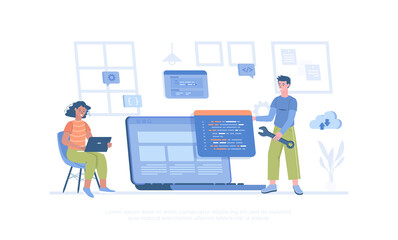 Software development, programming, coding. People write code, settings and testing, developing programs and applications, working at IT industry. Cartoon modern flat vector illustration for web banner