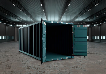 Wall Mural - Empty shipping cargo container. Cargo container with nothing. Open sea container stands in middle of Hangar. Metaphor for export problems. Concept of lack of goods. Empty warehouse. 3d rendering.