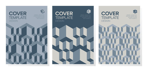 Wall Mural - Set of trendy abstract isometric 3d optical illusion geometric shapes cover design. 