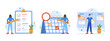 © Andrii - Schedule planning illustration set. Characters planning work tasks with pencil, filling check list, making schedule using board. Business and organization concept. Vector illustration