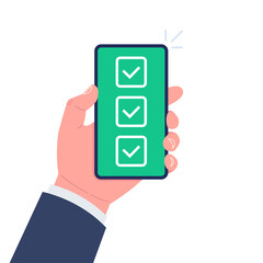 Wall Mural - Hand holds the smartphone with green checkboxes on screen. Vector illustration..