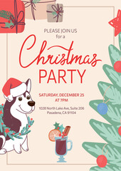  An invitation to a Christmas party. The winter card is decorated with a funny dog in a New Years hat, a Christmas tree, gifts and mulled wine. Vector New Year template, flat style