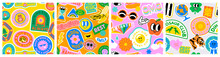 Colorful Retro Cartoon Label Seamless Pattern Set. Collection Of Trendy Vintage Sticker Backgrounds. Funny Comic Character And Quote Patch Bundle. Cute Children Icon, Fun Happy Illustrations.