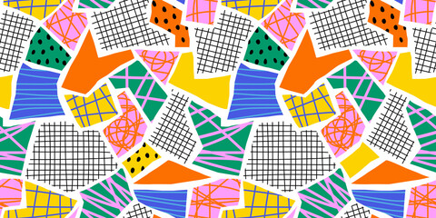 Abstract collage shape seamless pattern with colorful geometric doodles. Trendy flat cartoon background, retro shapes in bright childish colors. 
