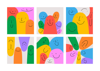 Wall Mural - happy colorful friends together, diverse people crowd illustration set. funny cartoon characters smi
