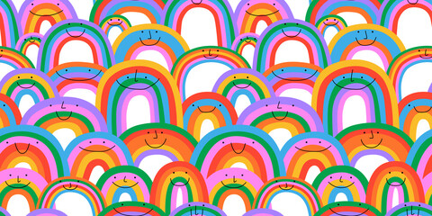 Wall Mural - diverse colorful rainbow seamless pattern illustration. multi color cartoon characters in funny chil